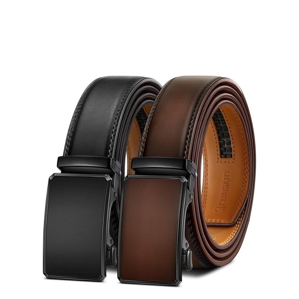 Kemisant Mens Ratchet Belt 2 Pack Black Brown Leather Automatic Slide Buckle Set